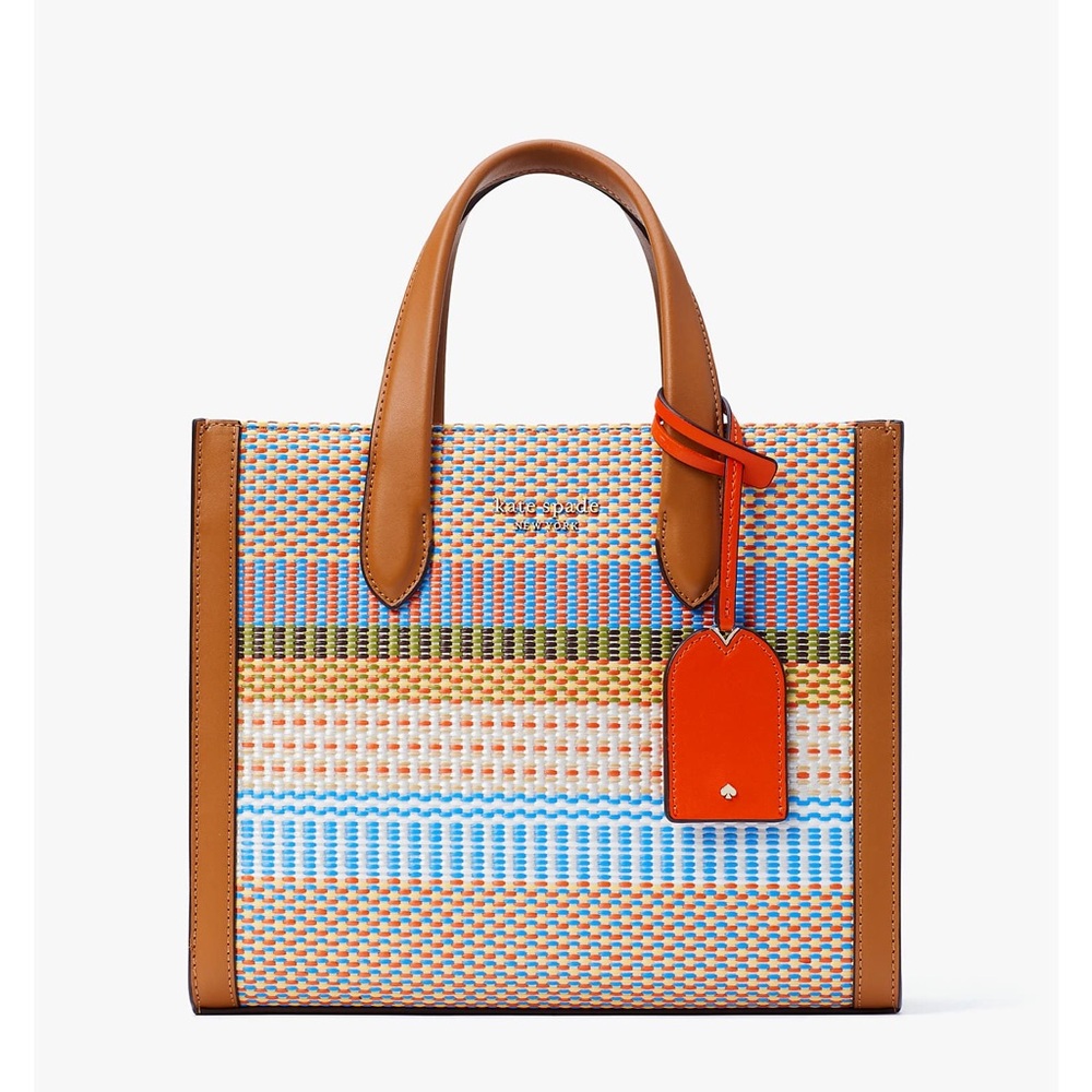 kate spade Multicolor Woven Stripe Tote with Brown Trim and Orange Tag - Picture 4 of 9